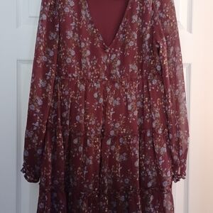 Allison & Kelky Womens Size L Brown & Blue Floral Tiered Mini Dress